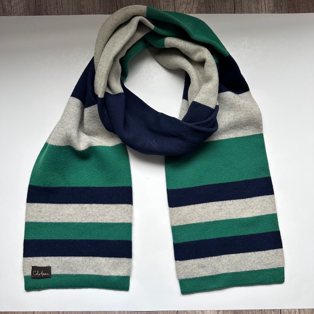 Vintage Cole Haan Men Striped Scarf Green Navy Gray Wool Blend Winter Warm - Picture 3 of 5